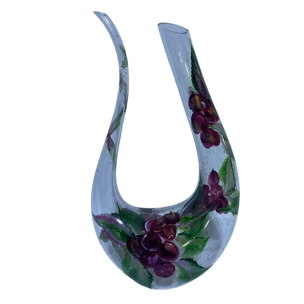 Hand Painted Floral Wine Decanter by NEX Glass Artist Signed 13 Inch Tall